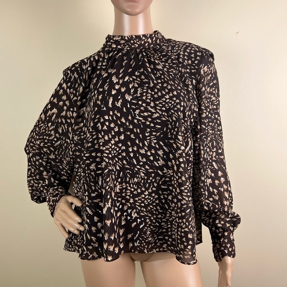 NEW JONATHAN SIMKHAI BROWN PRINTED CHIFFON MOCK NECK TOP - Picture 2 of 9